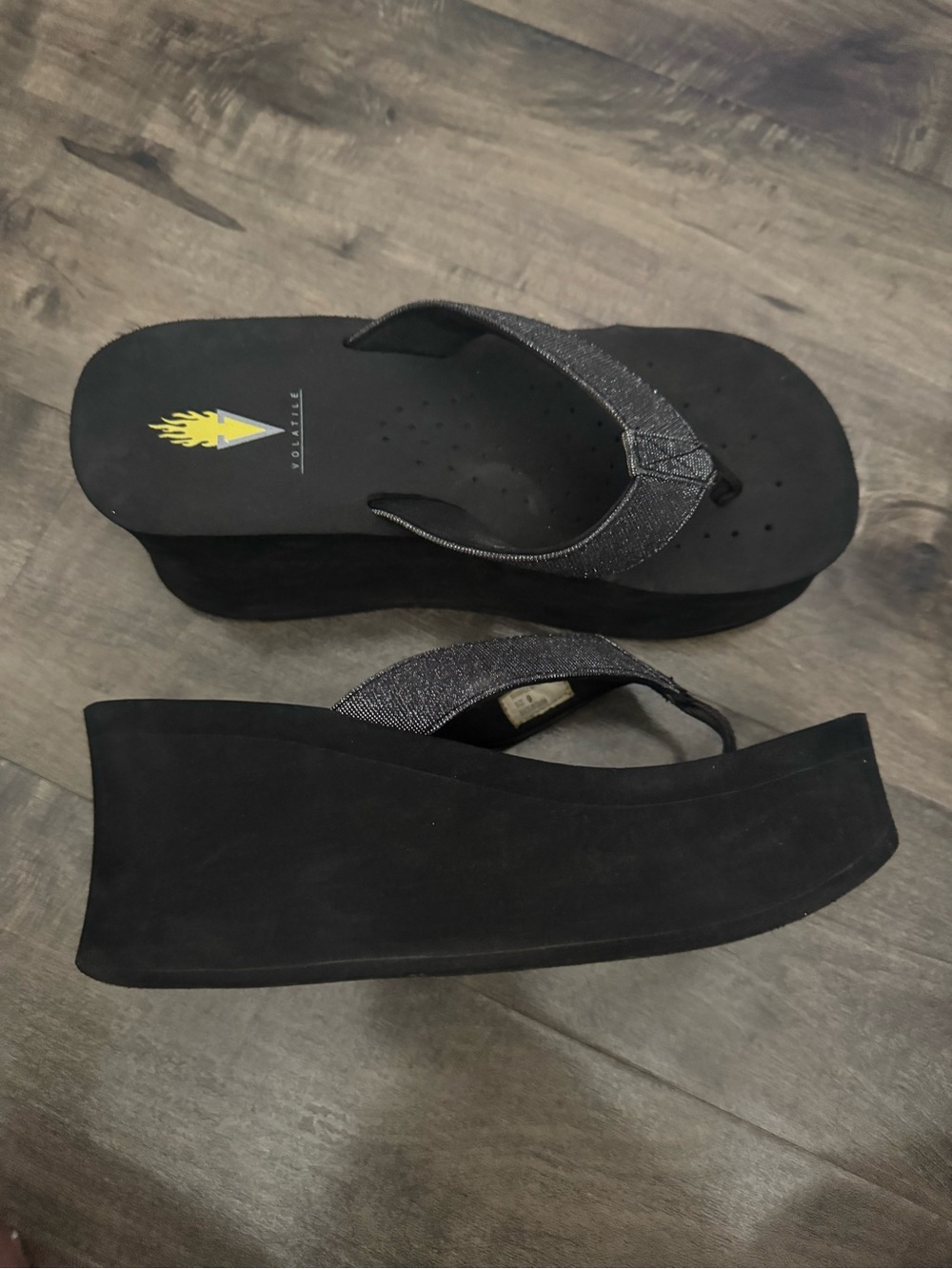 Volatile Black Glitter Platform Flip Flops